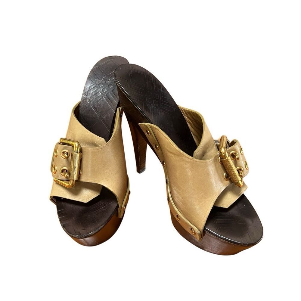 Burberry Tan Leather Platform Slide Heels with Gold Buckle